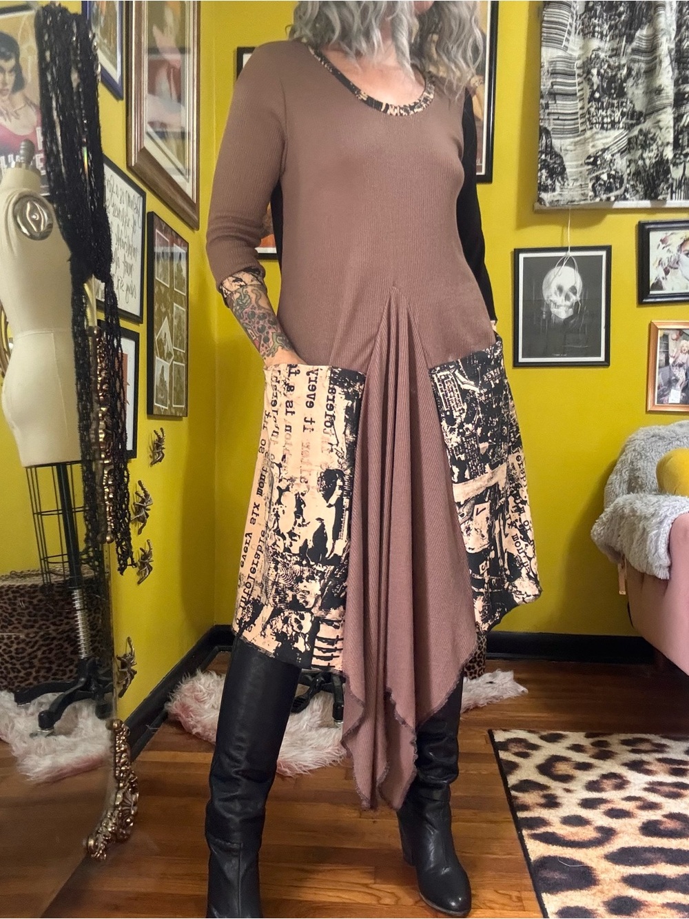RagLuxe Brown Ribbed Knit Asymmetrical Patchwork Dress